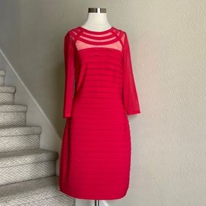 Adrianna Papell Sz 8 Deep Red Bodycon Sheer Neck and 3/4 Sleeves Dress